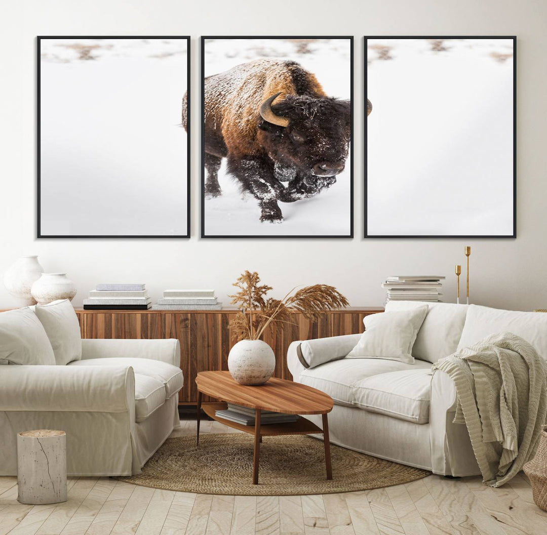 Bison Winter Wall Art Canvas Print for farmhouse decor.