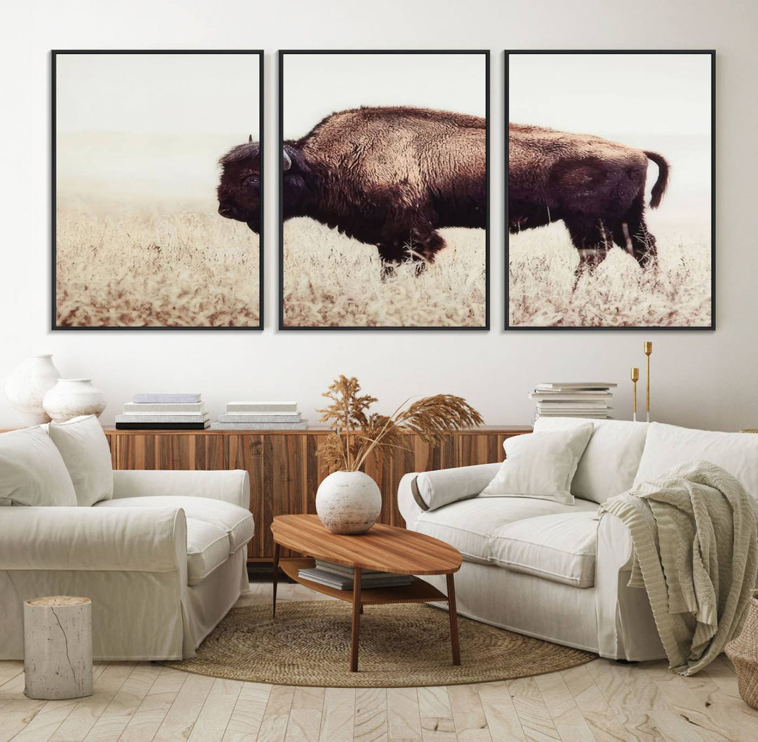 The dining room showcases the Bison in Field canvas print.