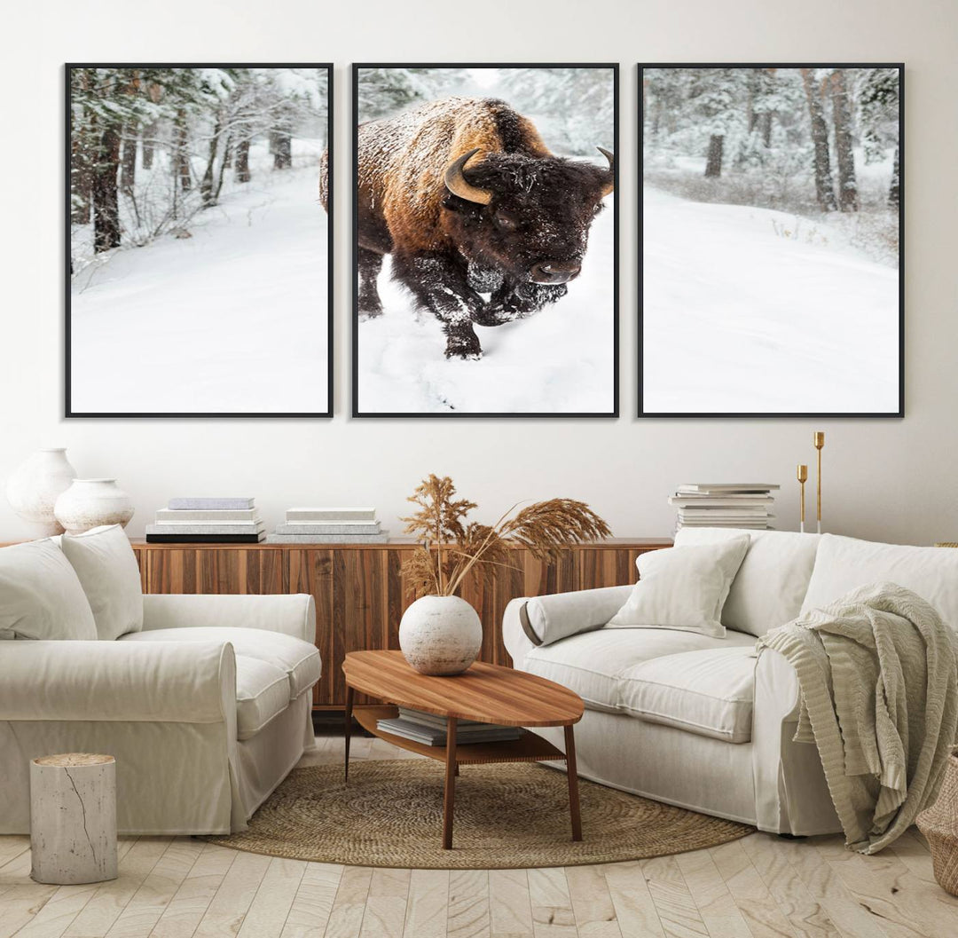 The dining area showcases the Bison Wall Art Canvas Print for Farmhouse.