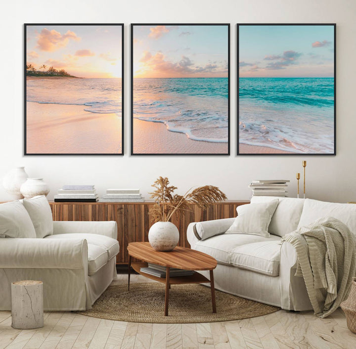 The kitchen features the Beach Sunrise Wall Art, Coastal Sunset Beach Scene.