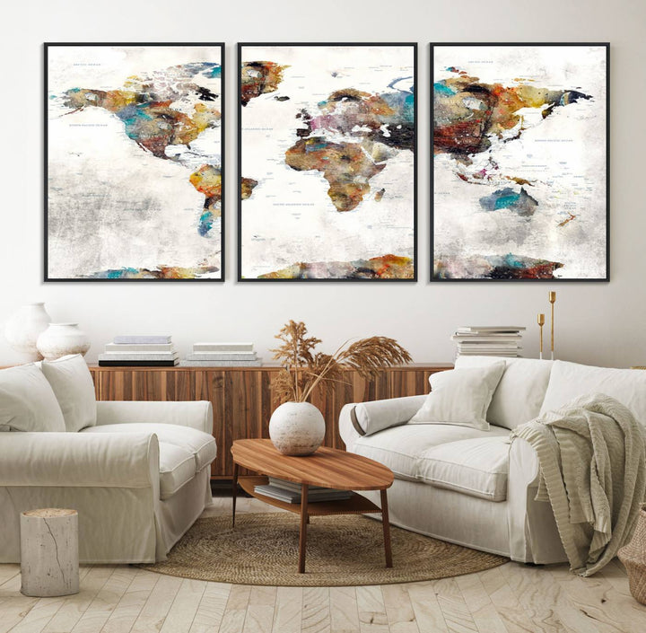 The Colorful World Map Wall Art Canvas Print adds vibrance to the space, ideal for geography lovers.