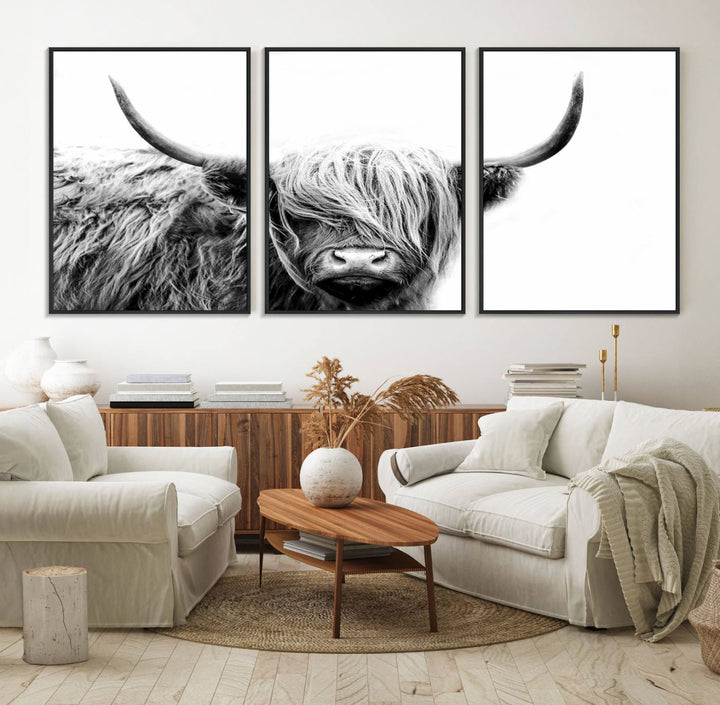 Framed Black and White Scottish Highland Cow Art Print.