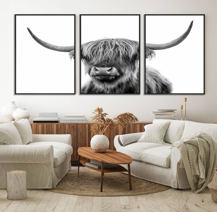 The Grayscale Scottish Highland Cow canvas is a museum-quality piece perfect for your dining room. Enjoy free shipping on this stunning artwork!.