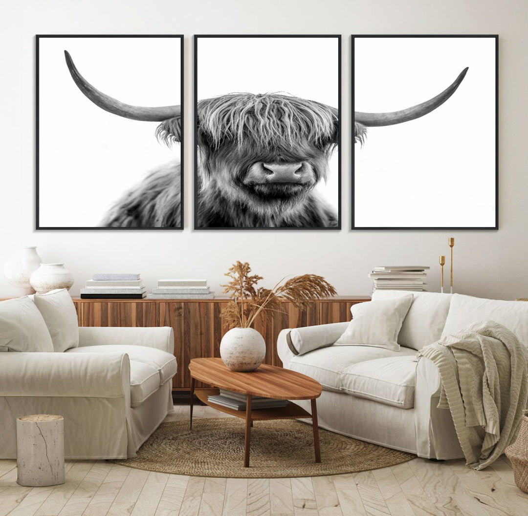 A Scottish Highland Cow Art Canvas adds charm to the farmhouse decor.