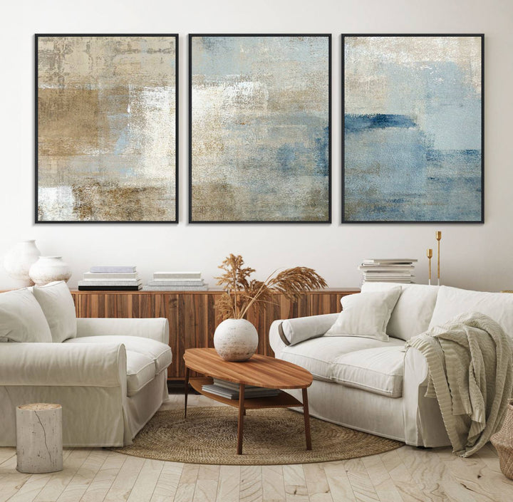 Abstract Blue and Beige Wall Art canvas print set with a modern minimalist aesthetic.