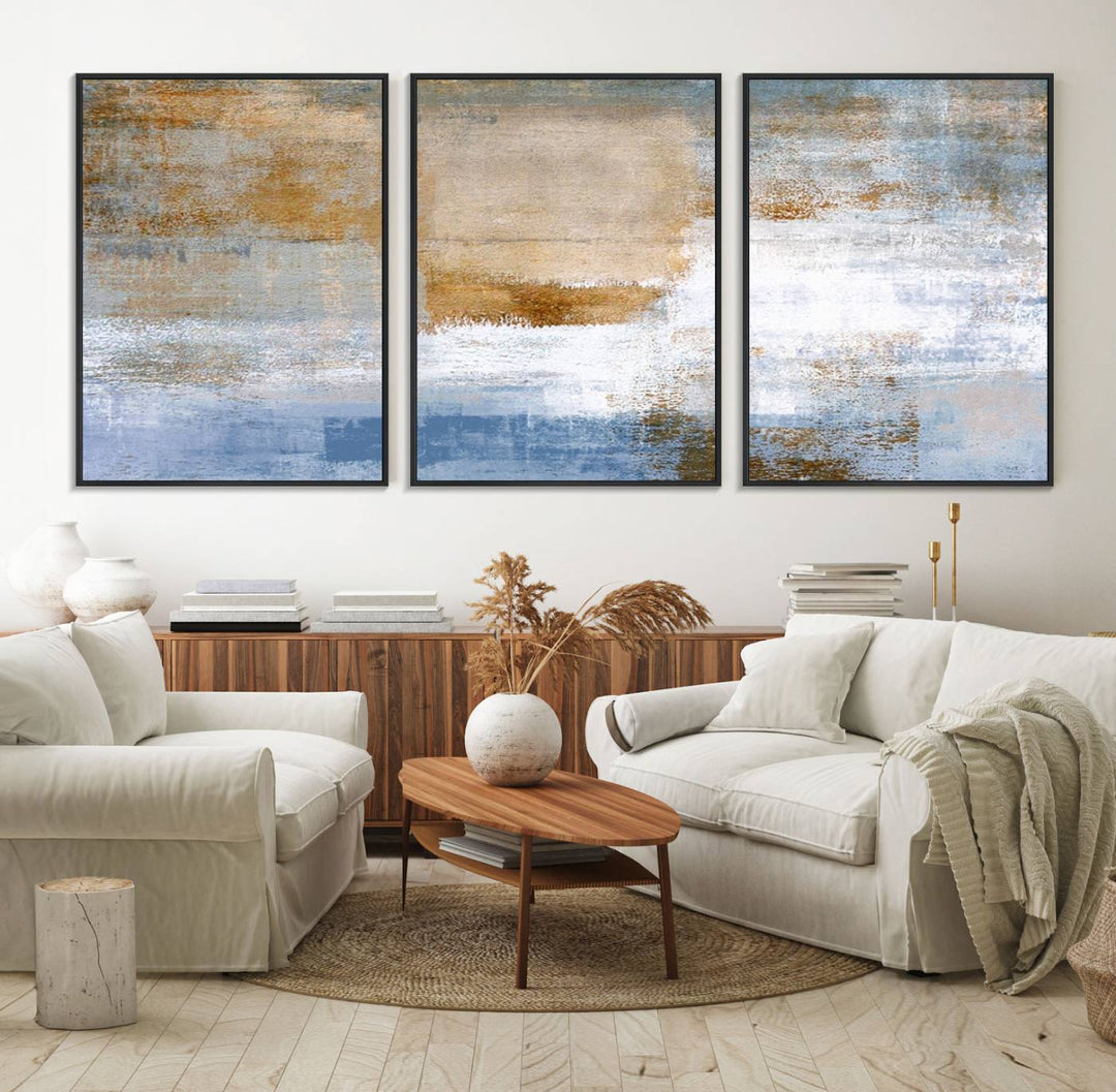 Blue Multi Panel Abstract Wall Art Canvas Print.