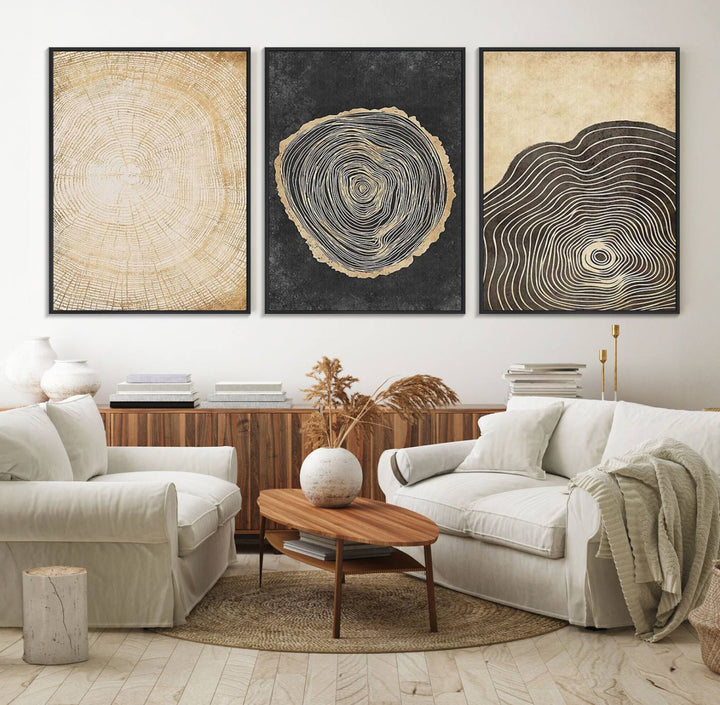 Tree Rings Canvas Wall Art Print hangs prominently in a modern kitchen.