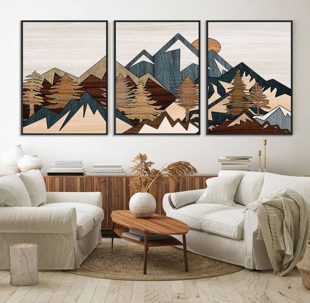 A Woodland Mountain Landscape Triptych serves as the centerpiece of the rustic decor.