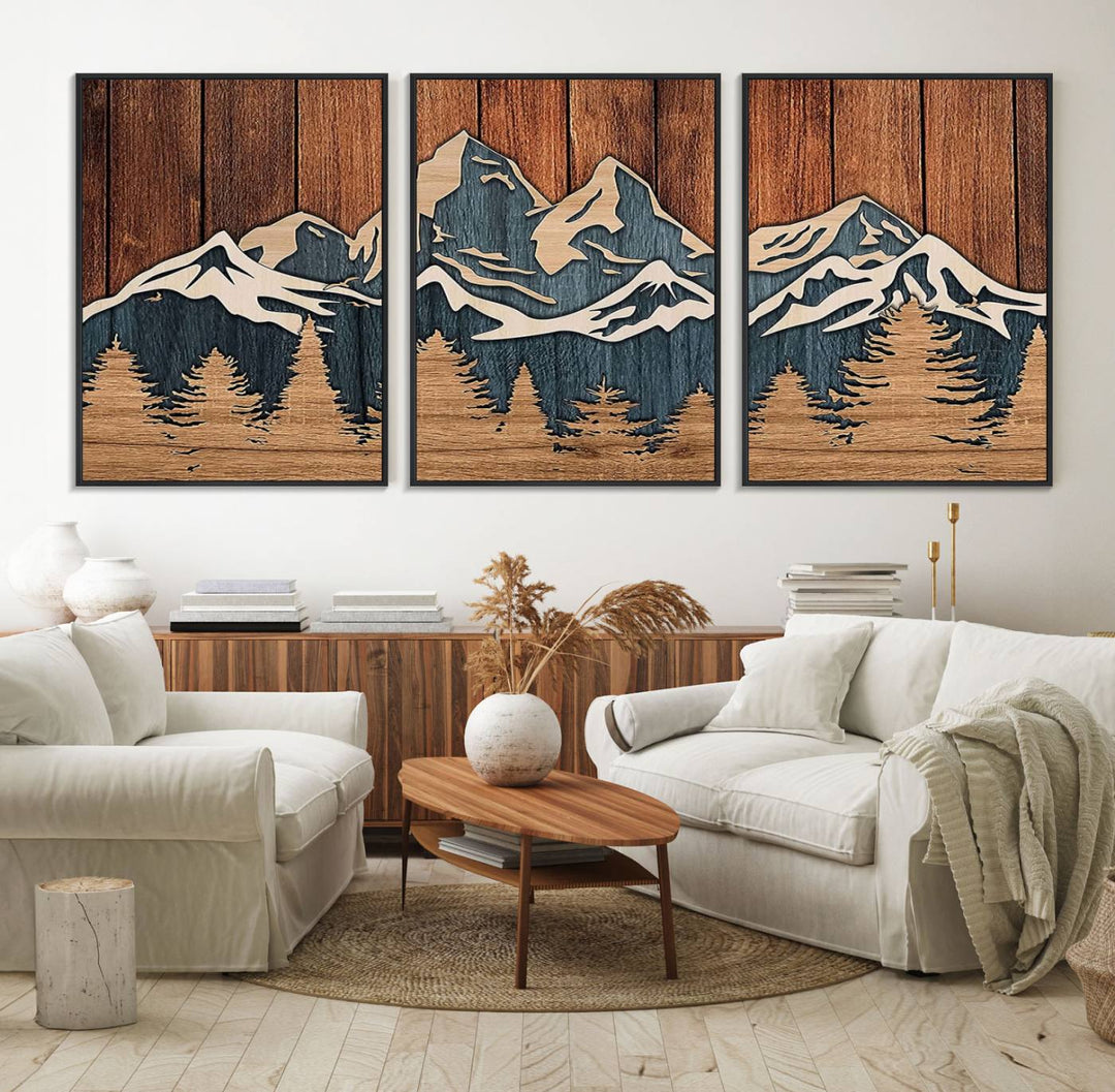 Rustic Wood Style Mountain Wall Art hangs on the wall.