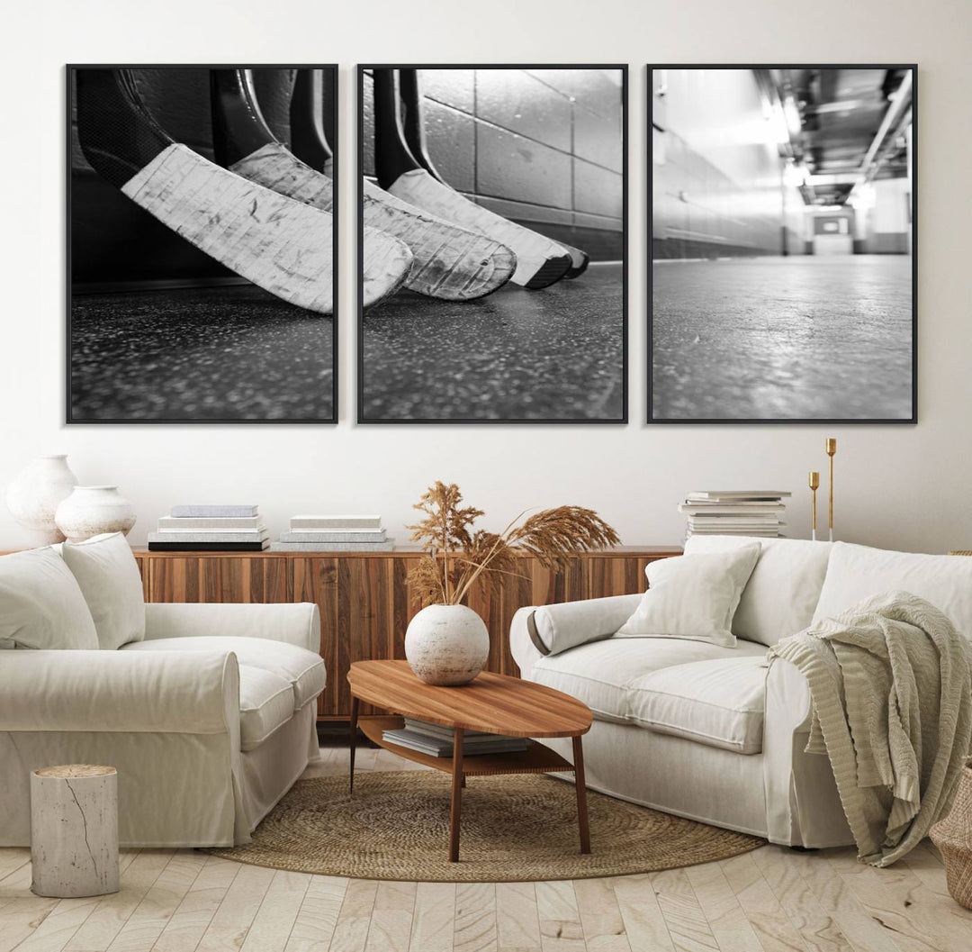 Ice Hockey Wall Art Canvas Print features a UV-protected black and white photo of hockey sticks.