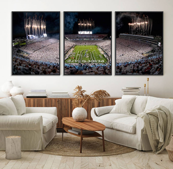 The perfect Penn State Football canvas wall art features a depiction of Beaver Stadium filled with fans in white, with fireworks exploding above.