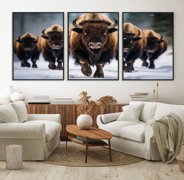 The dining room features an American Bison Herd Canvas Print against the snow.