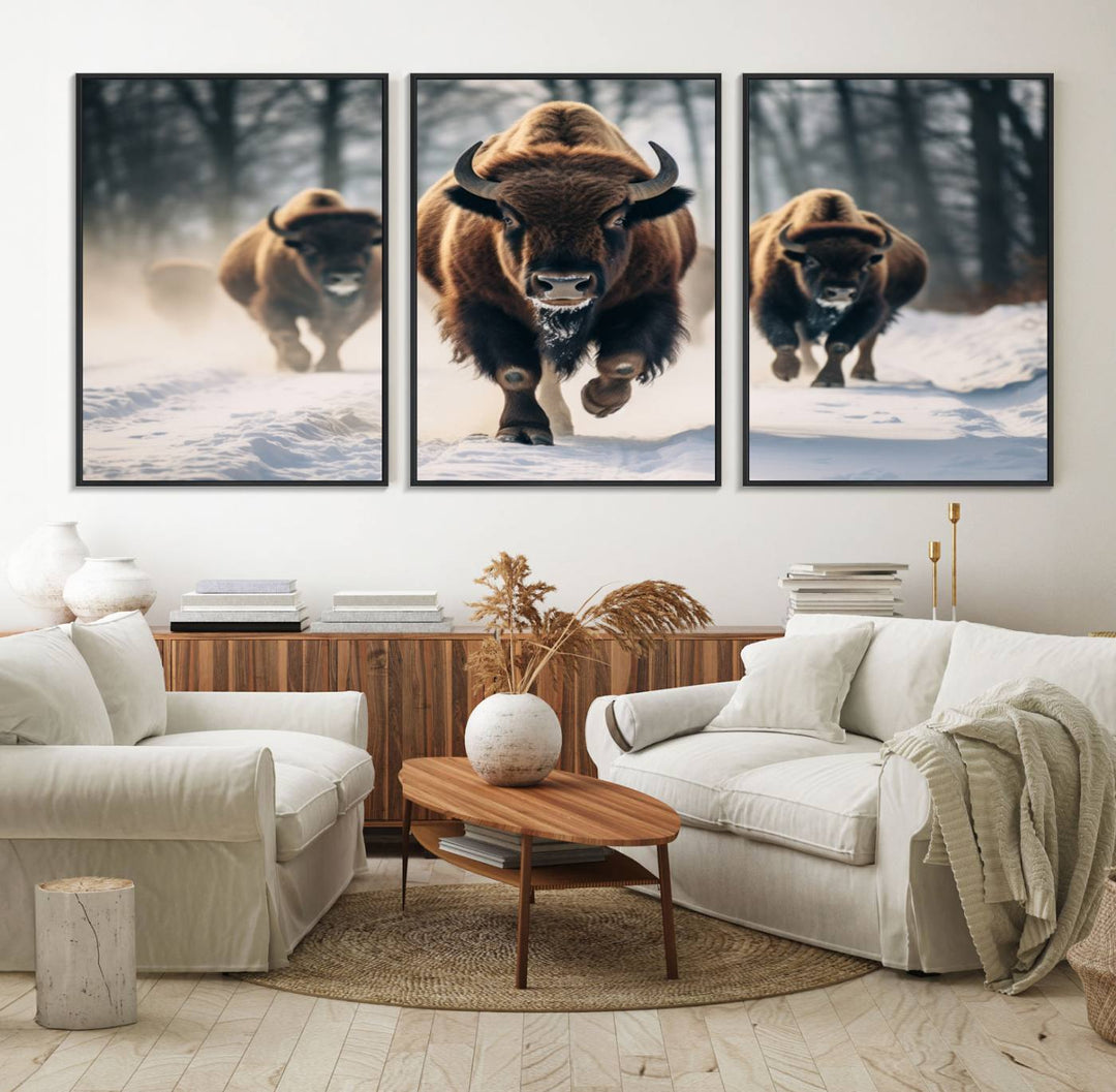 Wall art titled Cow Bighorn shows three bison running through snow in a forest.