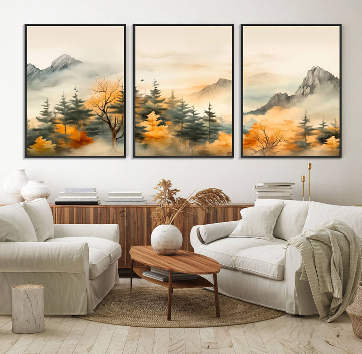 A wall art of Abstract Watercolor Mountains and Trees Autumn on museum-quality canvas.