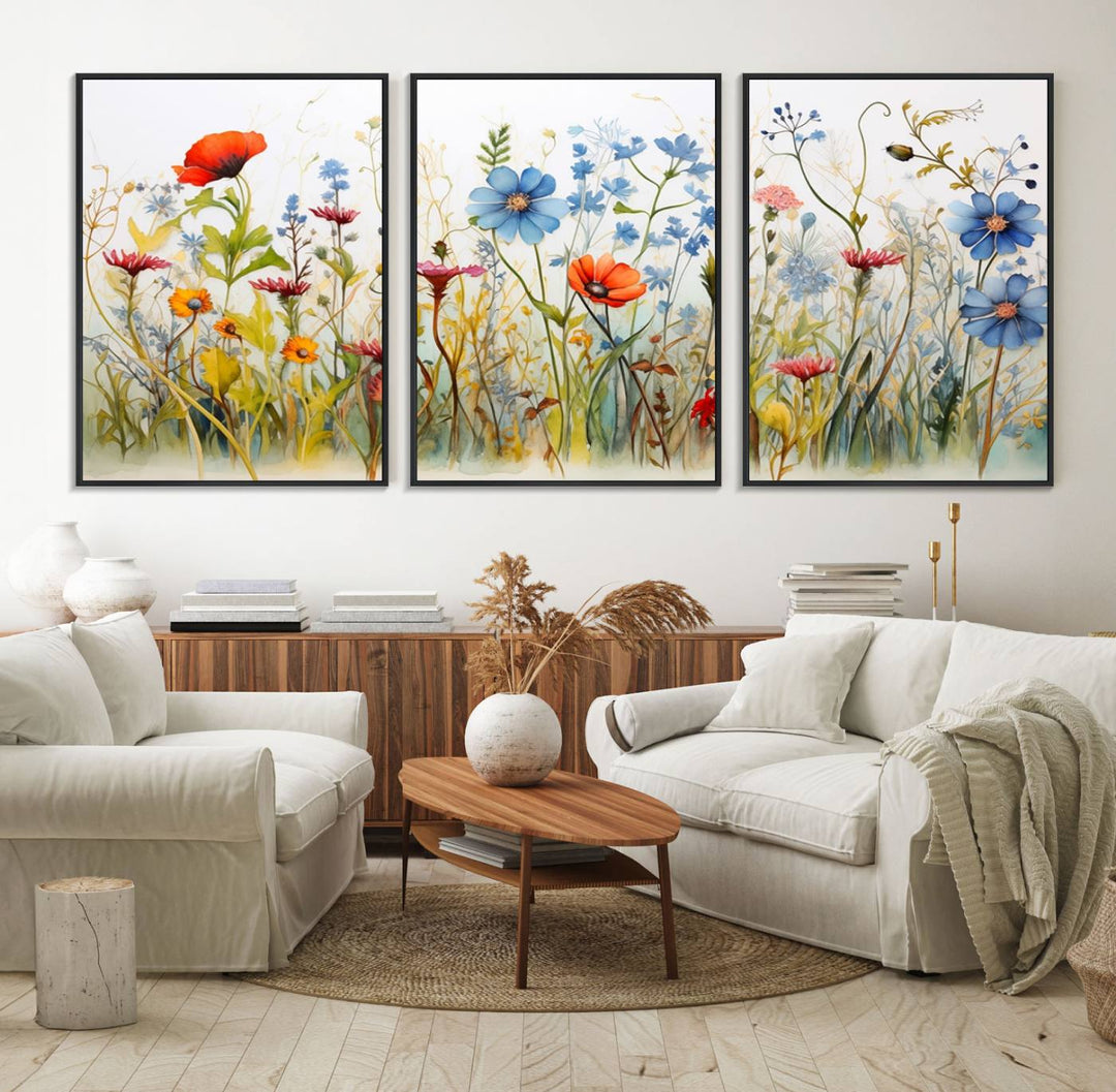 The vibrant Colorful Wildflower Canvas Wall Art adorns the wall.