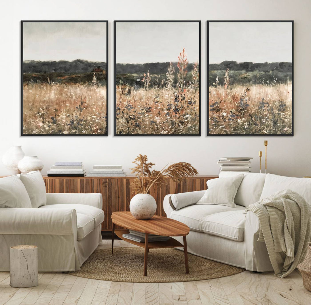 A dining room featuring the Abstract Wildflower Art Field Landscape Oil Painting Print.