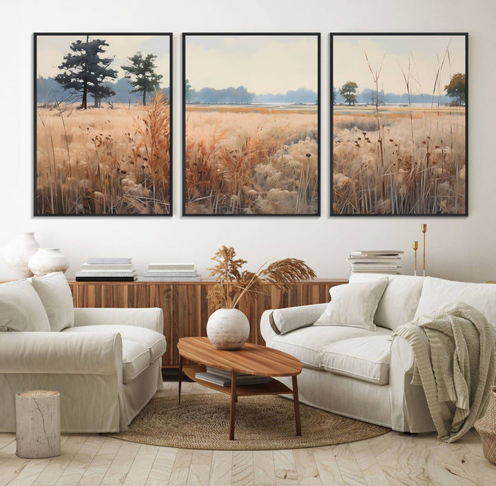 The Golden Fields Canvas Art Print, depicting a serene landscape, adds tranquility with its presence.