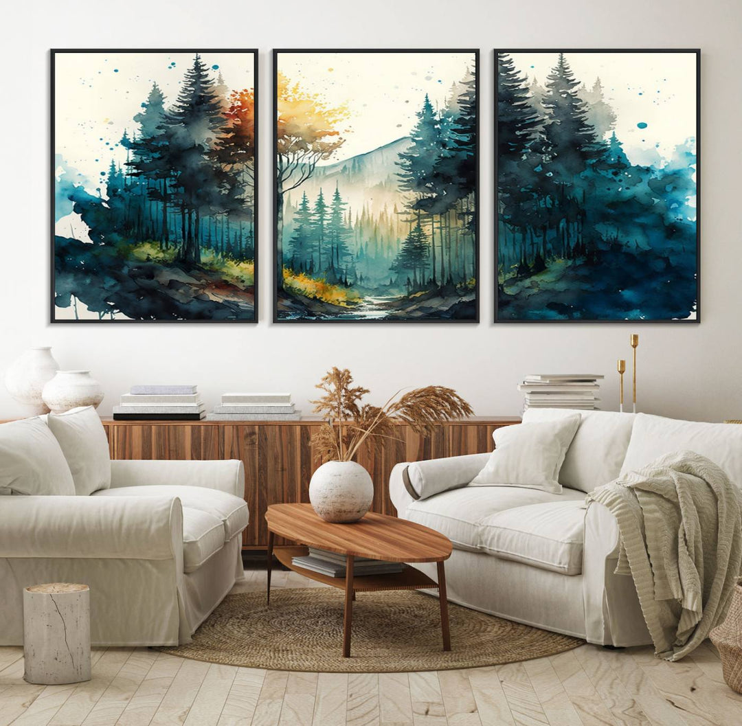 The Watercolor Trees Forest Abstract canvas print is displayed prominently.