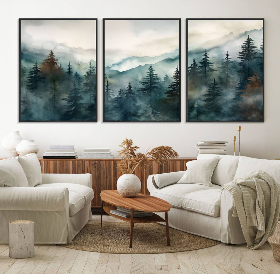 Serenity Forest Wall Art Canvas above the table adds a nature-inspired vibe to the space.