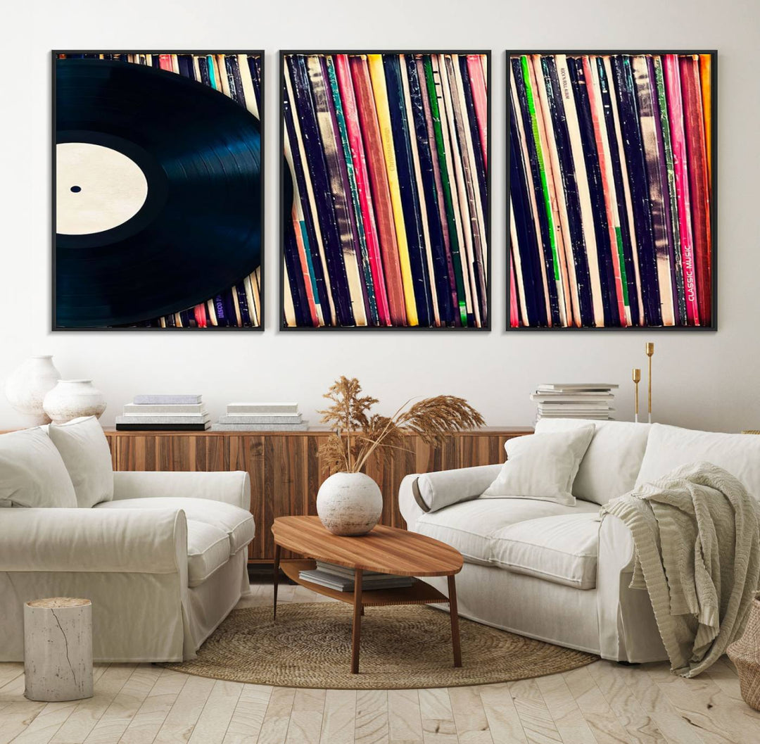 The Vinyl Record and Album Collection Canvas above the dining table enhances the modern kitchen, creating a perfect aesthetic for vintage vinyl lovers.