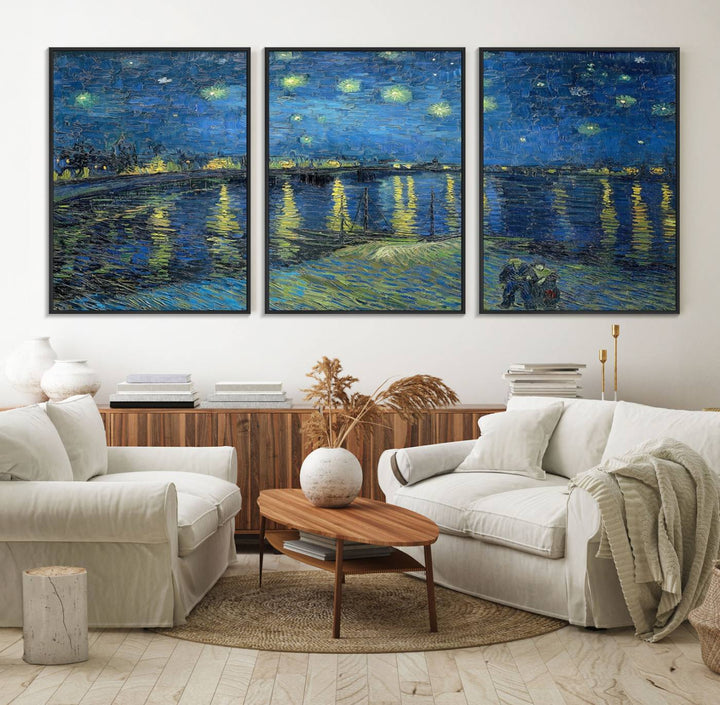 A Vincent van Gogh Starry Night over the Rhone canvas print is displayed on a porch.