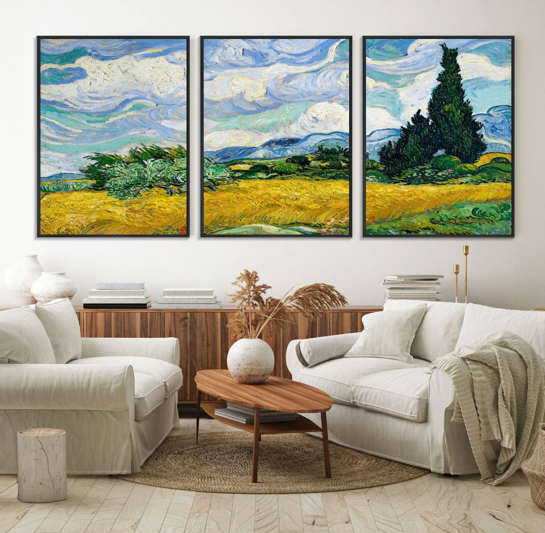 A kitchen featuring Wheatfield With Cypresses Van Gogh canvas wall art.