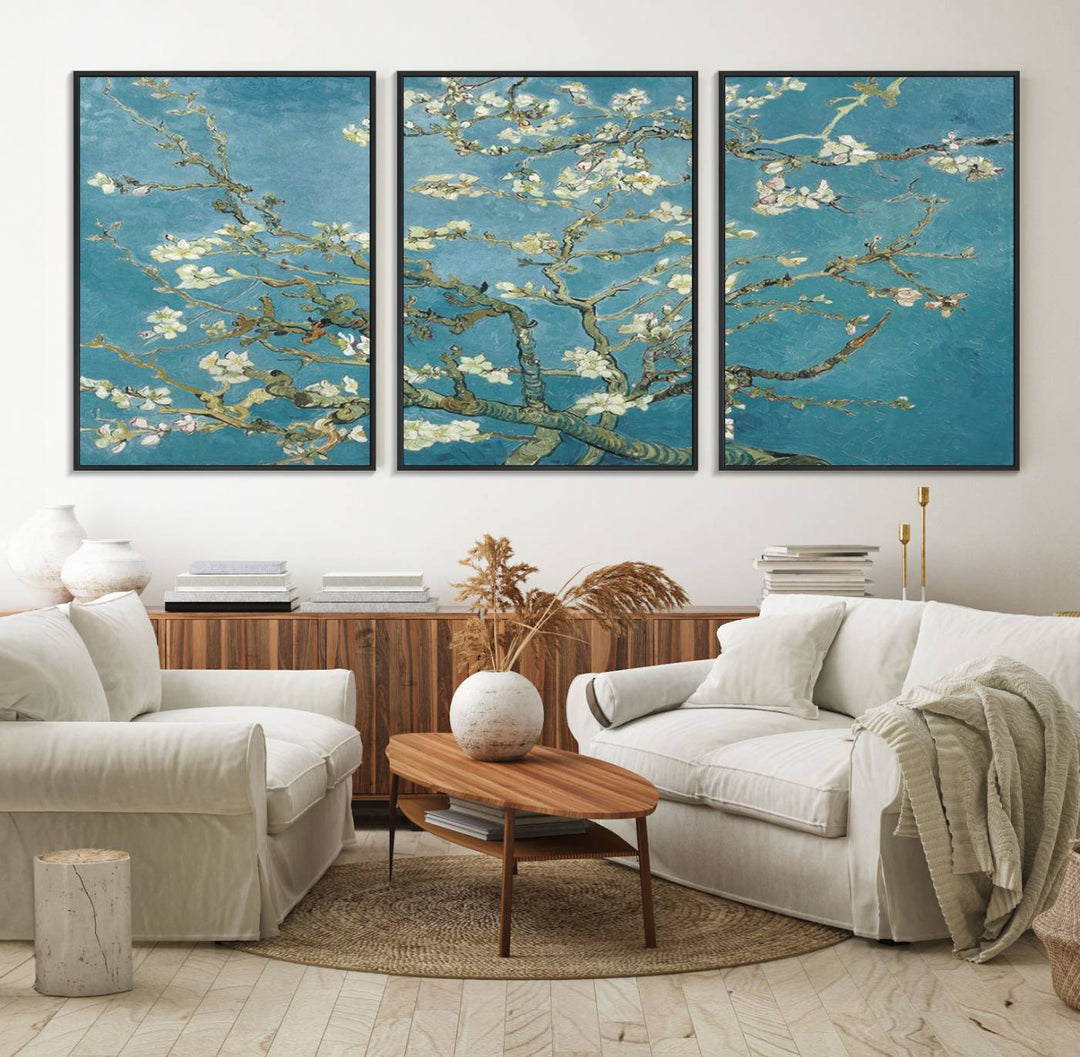 The wall art, Vincent Van Goghs Almond Blossom, stands out with its vibrant depiction against a serene blue background.