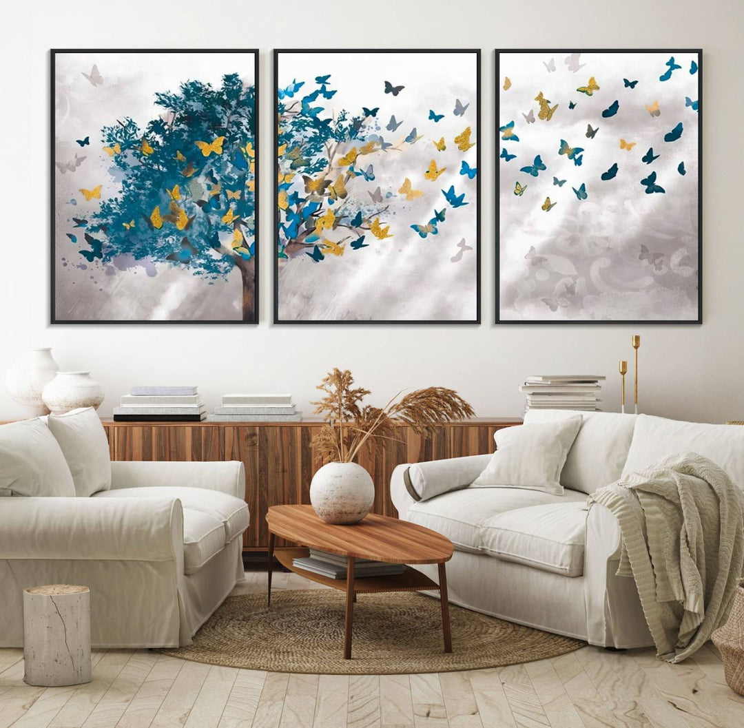 The modern dining room features Tree Butterfly Abstract Wall Art, adding a touch of nature-inspired decor.