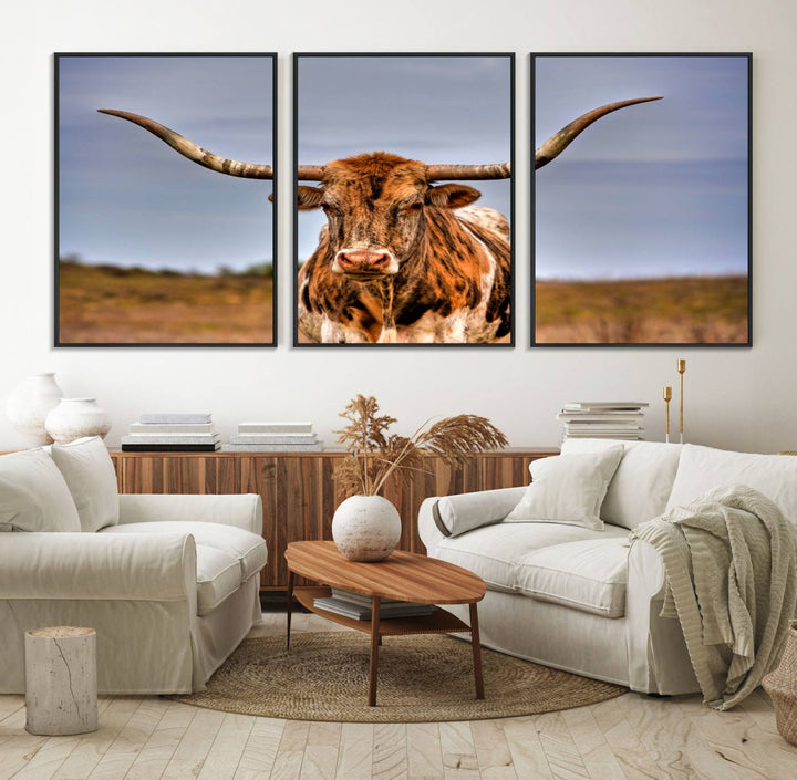 The Texas Longhorn Wall Art Print is displayed in a stylish living room.