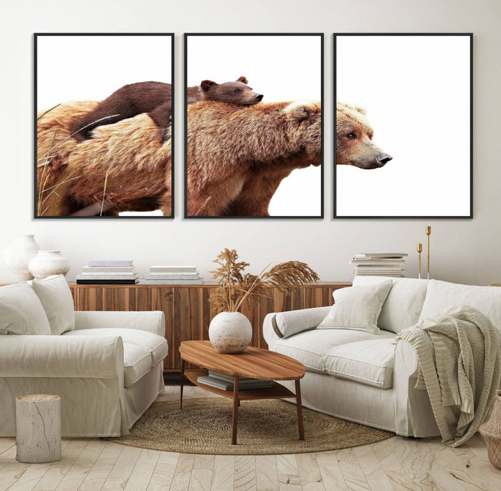 Mother and Baby Bear canvas: an adorable wildlife print displayed on a dark green wall.