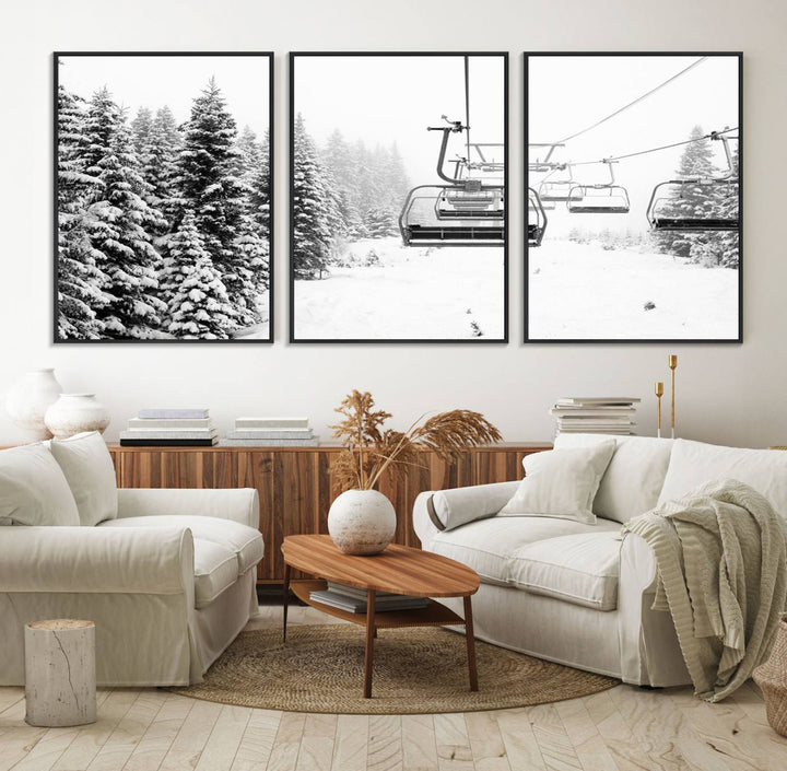 The Ski Wall Art, featuring the "Ski Lift Wall Art Canvas Print," presents a snowy scene with snow-covered spruce trees and is elegantly showcased on a dark green wall.