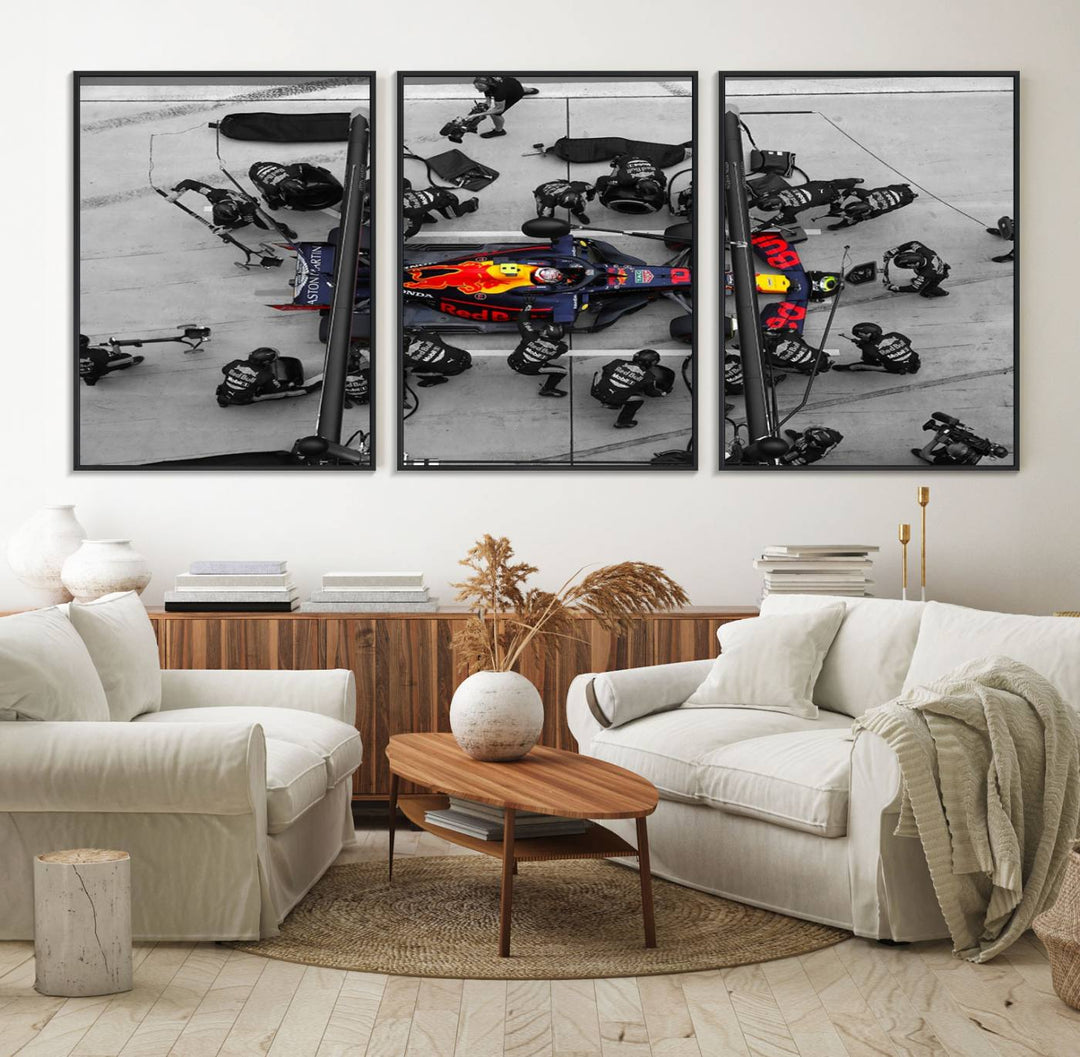 Red Bull Formula 1 Canvas Wall Art Print: An aerial view of a Formula 1 pit stop featuring a Red Bull car on premium canvas.