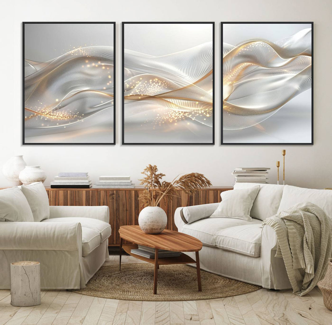 A modern living room is enhanced by the Abstract Art Grey and Gold Lines Wall Art, its elegant lines shimmering against a dark wall.