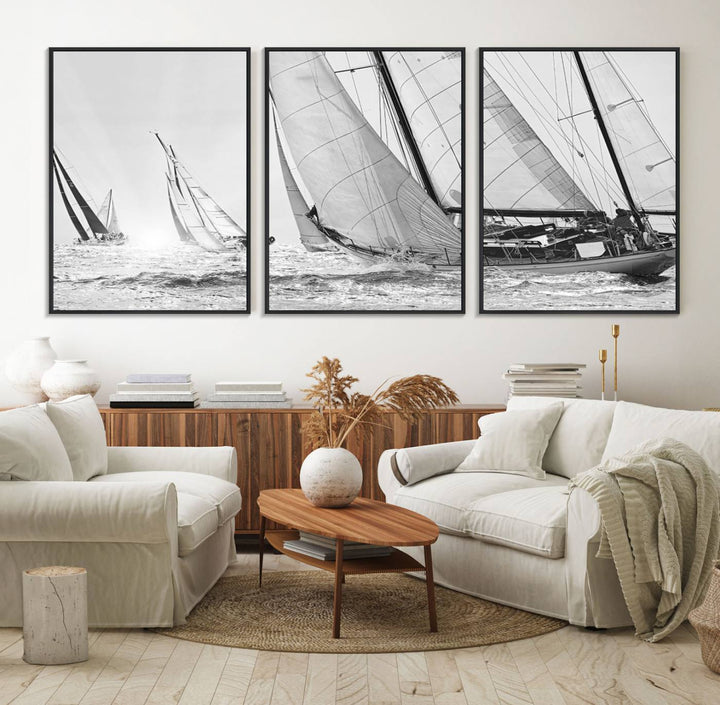 Yacht Sailboat Regatta canvas print on a textured wooden wall.