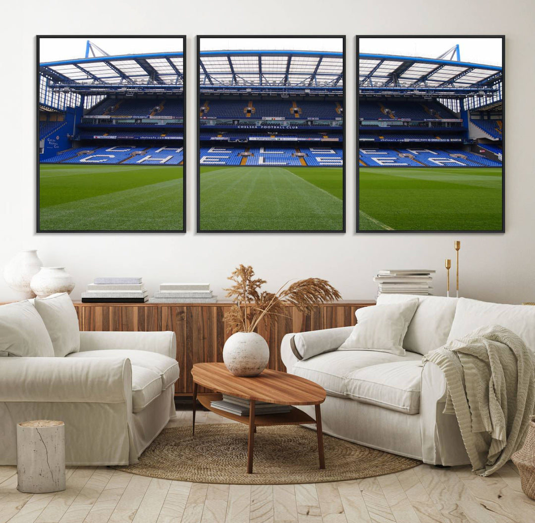 The wall art features a Chelsea FC Stamford Bridge Stadium canvas print.