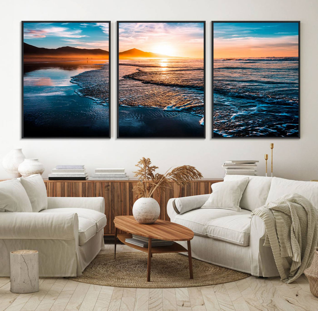 The Sunset Beach Ocean Canvas Wall Art – Tranquil Reflections at Dusk enhances the ambiance with its captivating depiction of serene ocean views at dusk.