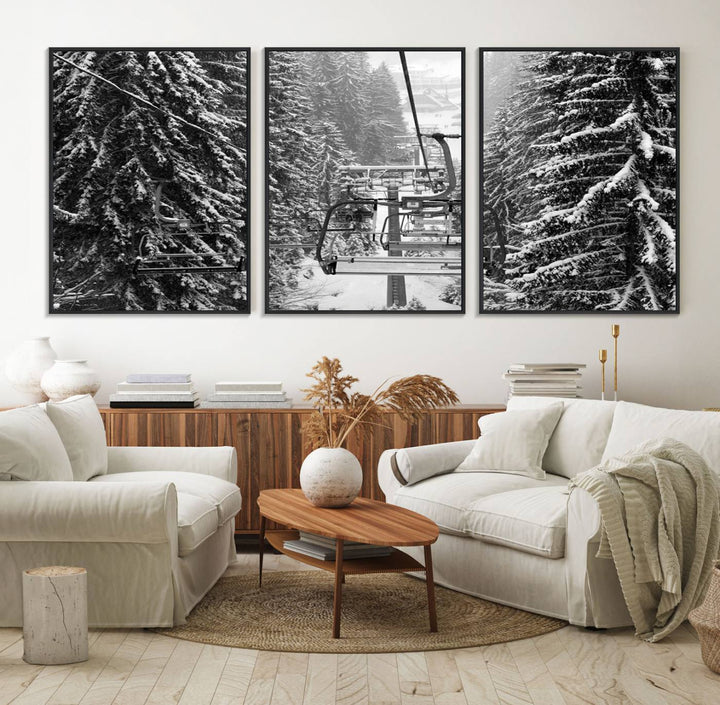 The Winter Ski Lift Canvas in minimalist style adds a unique touch to the dining room.