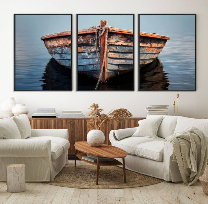 Stunning vintage boat canvas print featuring a calm water scene.