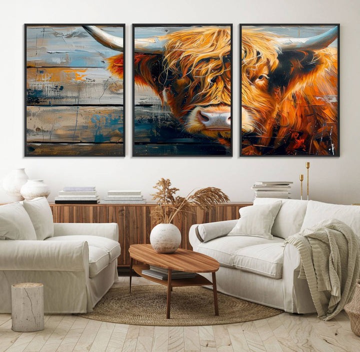 The dining room features Highland Cow Abstract Canvas Wall Art in a farmhouse rustic decor style.