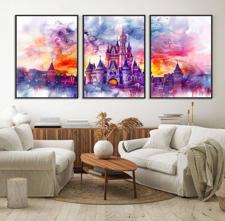 The watercolor Disney Wall Art showcases Cinderellas Castle in pink, purple, and orange hues.