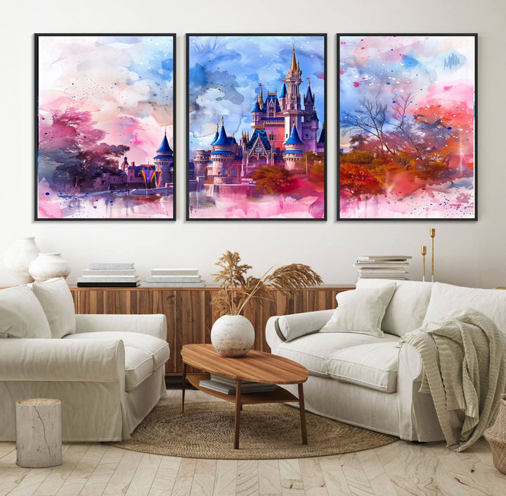 A Disney Wall Art: Dreamy Watercolor Cinderella Castle Canvas Print hangs prominently.