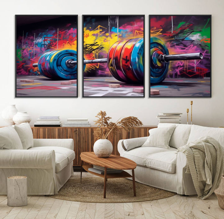 The Abstract Graffiti Barbell Canvas Wall Art is displayed on a porch.