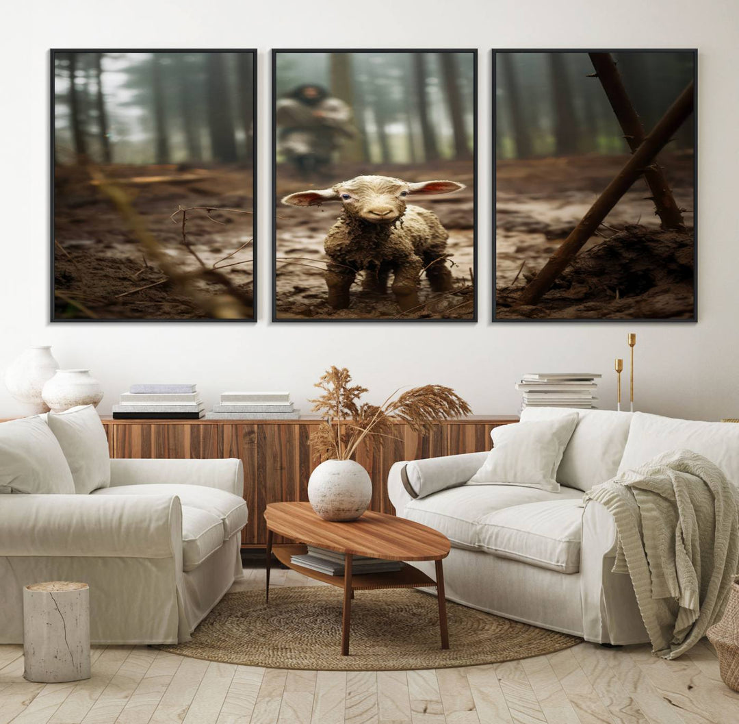 The Jesus Lost Lamb Canvas Wall Art features a heartwarming woodland scene, beautifully capturing the essence of serenity and grace.