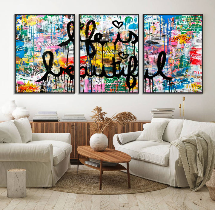 The Life Beautiful graffiti style canvas print is showcased in black script.