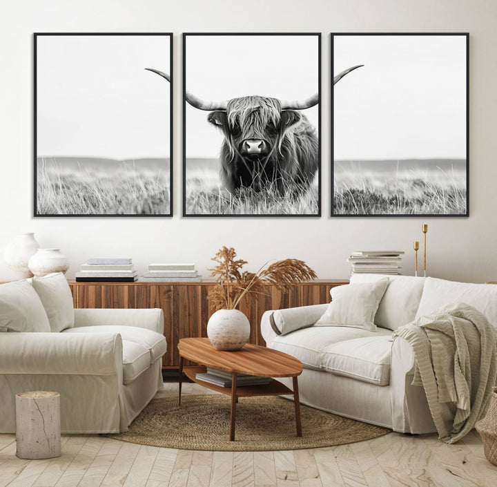 The Majestic Beauty canvas of a Highland cow adds elegance to the white walls as it hangs prominently.