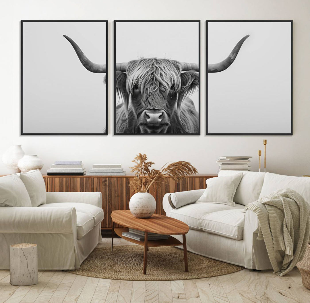 The Farmhouse Longhorn Wall Art Canvas Print adds rustic charm.