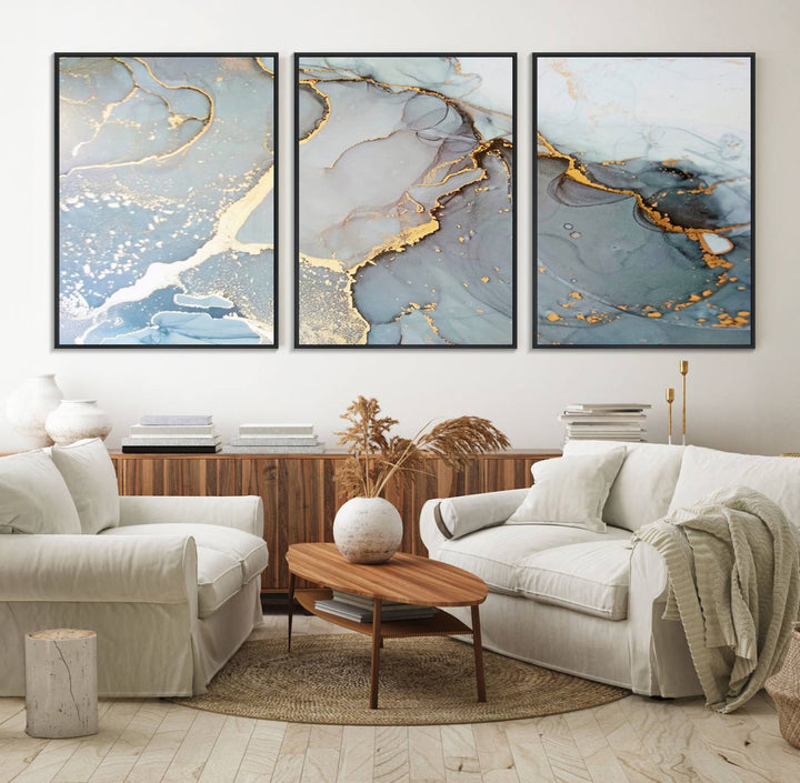 A blue and gold marbled Large Abstract Marble Wall Art Canvas Print hangs overhead.