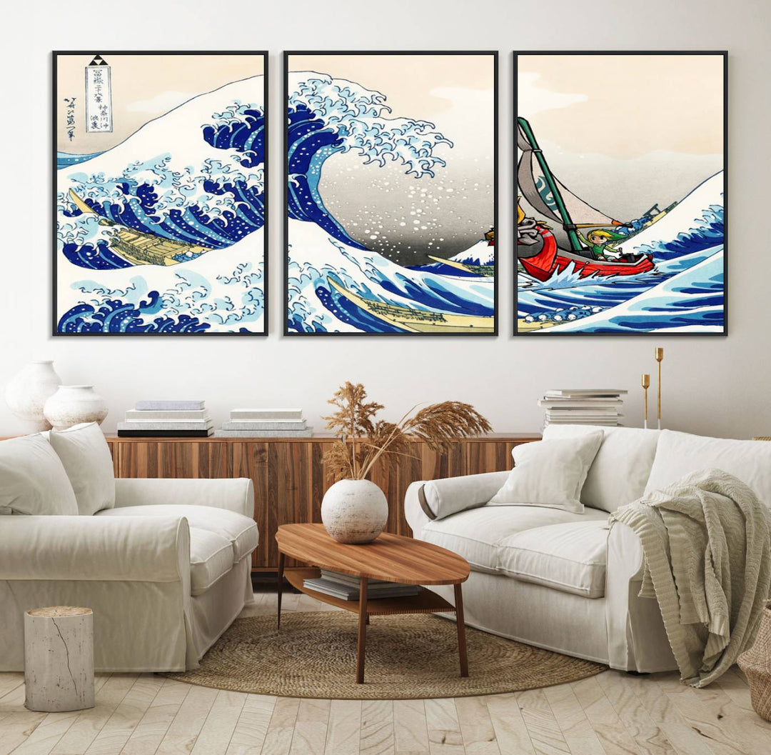 The Katsushika Hokusai Kanagawa Giant Wave Canvas print captures a vibrant sailing scene.