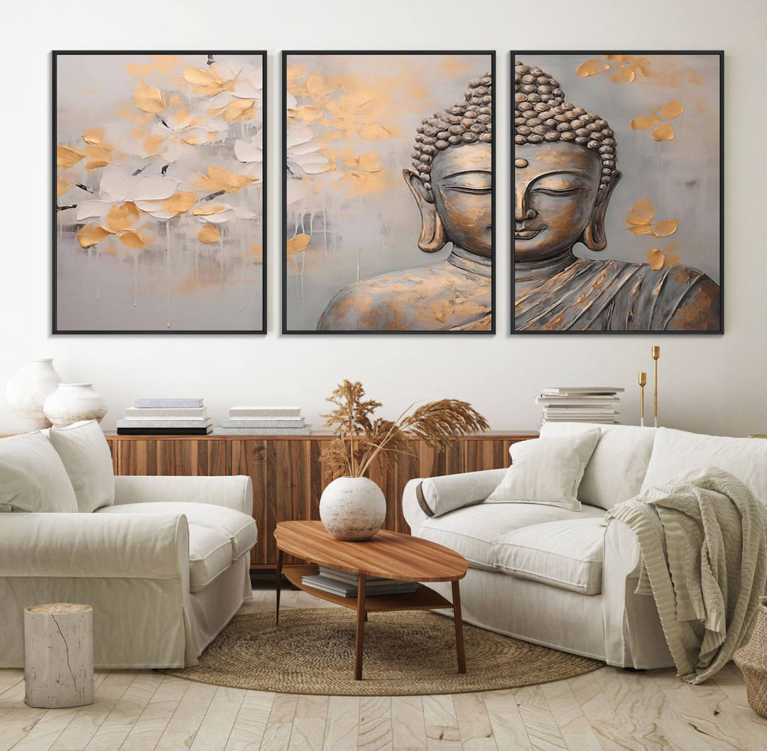 The serene dining room features Abstract Buddha Statue Wall Art.