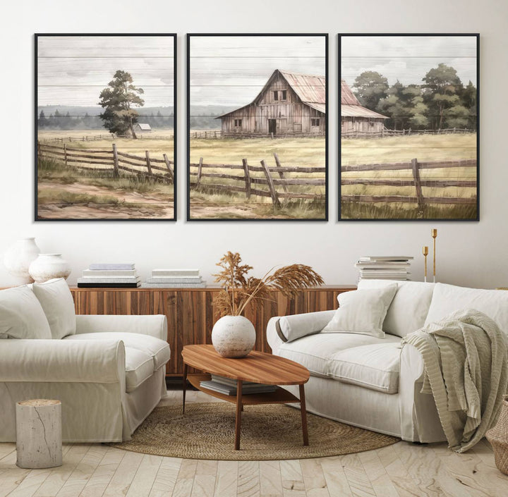 The wall is adorned with a Rustic Farmhouse Barn Wall Art.